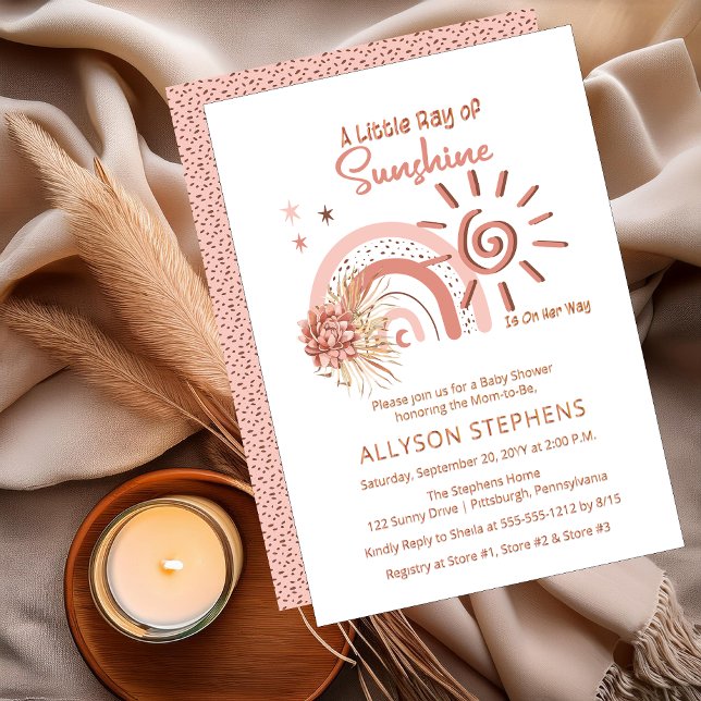 Boho A Little Ray of Sunshine Girl Baby Shower (Boho "A Little Ray of Sunshine Is On Her Way" Girl Floral Rose Gold Foil Baby Shower Invitation)