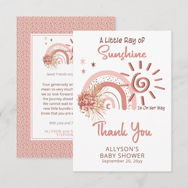 Boho A Little Ray of Sunshine Girl Baby Shower  Thank You Card (Front/Back)