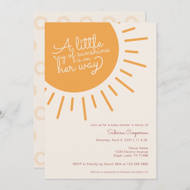 Boho A little ray of sunshine is on her way girl   Invitation (Front/Back)