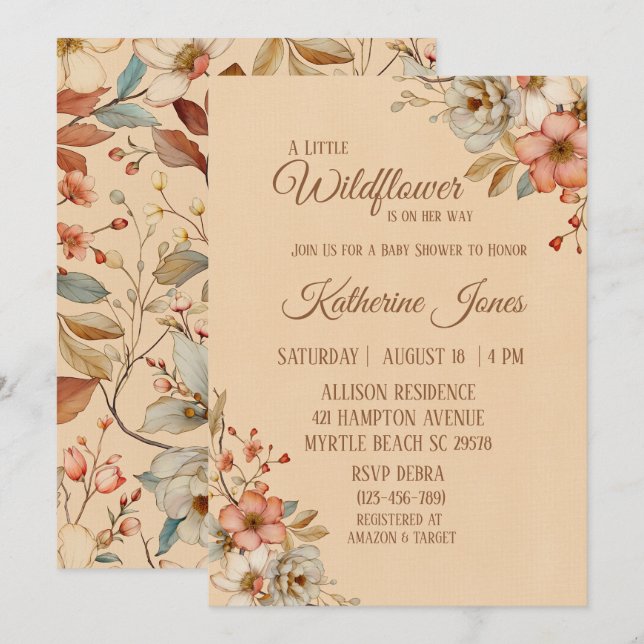 Boho A Little Wildflower Girl Baby Shower   Invitation (Front/Back)