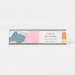 Boho Abstarct Moutain Landscape Pink Blue Orange Desk Name Plate