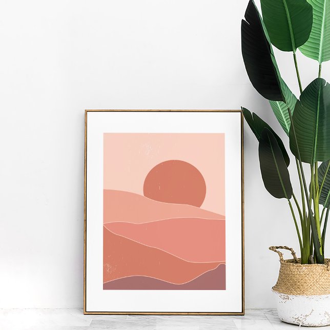 Boho Abstract Burnt Orange SunsetPrint Poster (Boho Abstract Burnt Orange SunsetPrint Poster on the floor next to a large plant.)