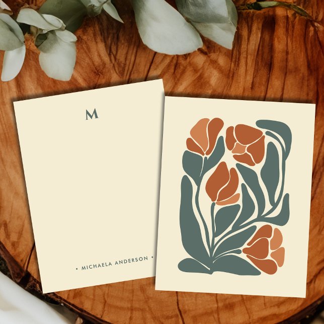 Boho Abstract Flowers Monogram Name Stationery Card (Creator Uploaded)