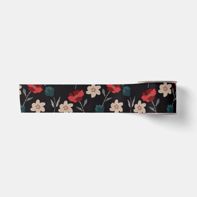 BOHO ABSTRACT FLOWERS ON BLACK SATIN RIBBON (Front)