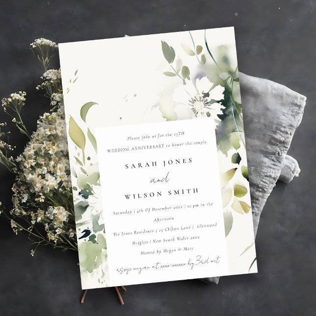 Boho Abstract Green Floral Wedding Anniversary  Invitation (Creator Uploaded)