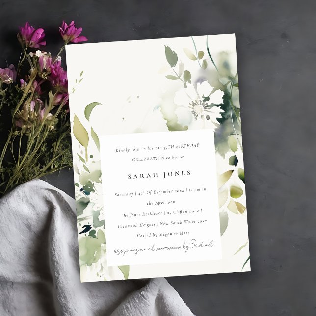 Boho Abstract Green White Floral Birthday Invitation (Creator Uploaded)