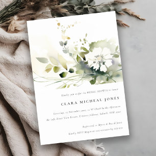 Boho Abstract Green White Floral Bridal Shower Invitation