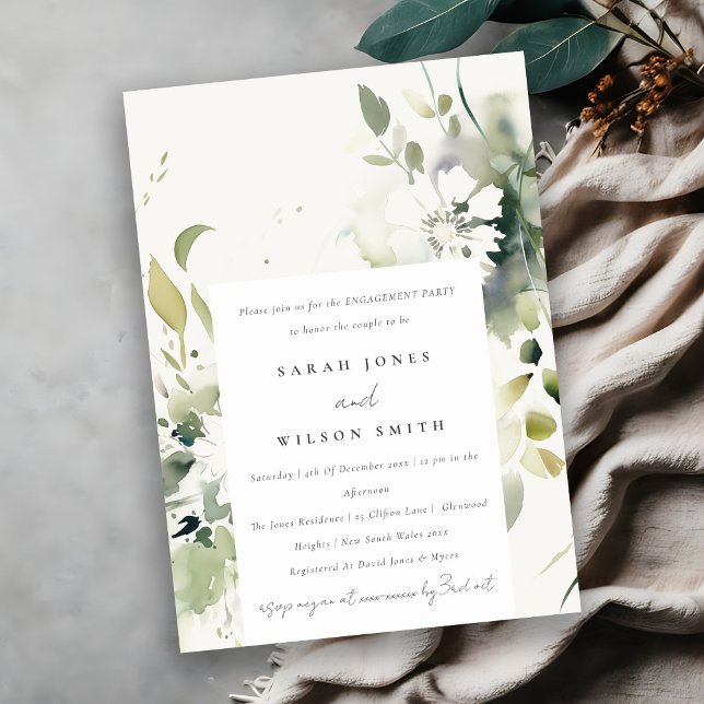 Boho Abstract Green White Floral Engagement  Invitation (Creator Uploaded)