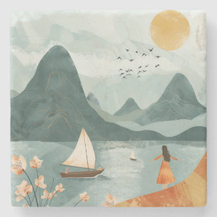 Boho Abstract Landscape (11) Stone Coaster