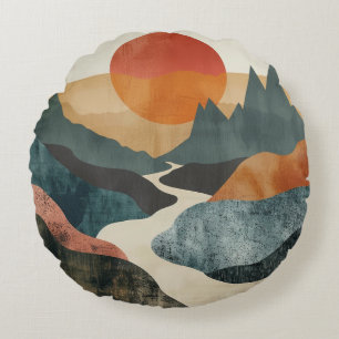 Boho Abstract Landscape (5) Round Cushion
