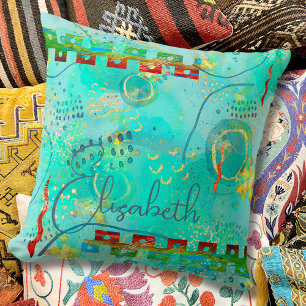 Boho Abstract Mayan Turquoise & Golden Misty Cushion