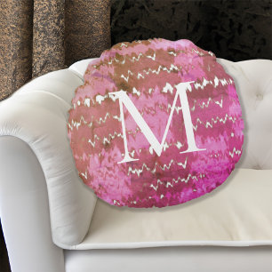 Boho Abstract Pink Tie Dye Pattern Monogrammed Round Cushion