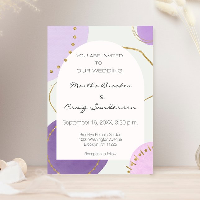 Boho Abstract Purple Gold Watercolor Wedding Invitation (Creator Uploaded)