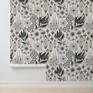 Boho Abstract Shapes Grey & White Wallpaper