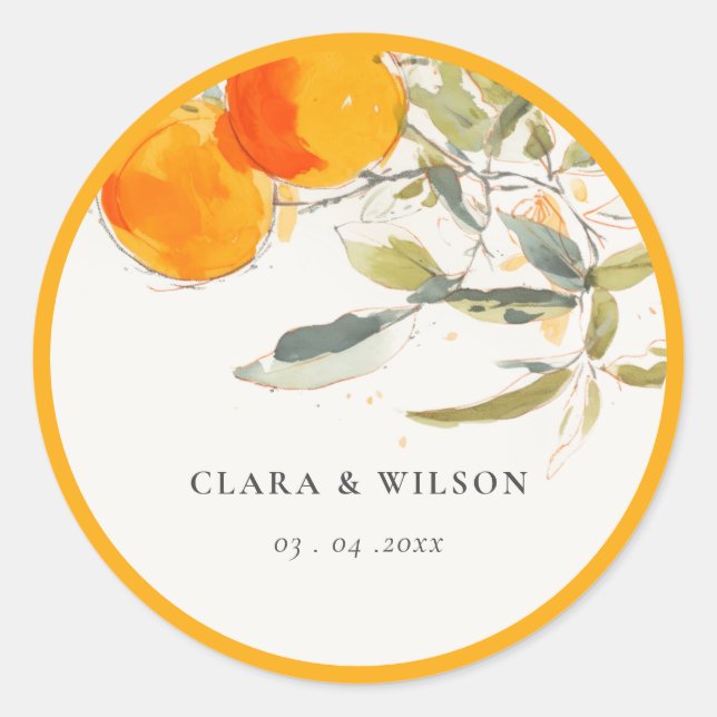 Boho Abstract Sketchy Orange Garden Wedding Classic Round Sticker (Front)