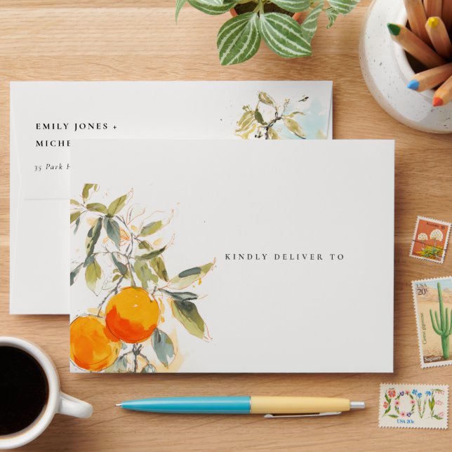 Boho Abstract Sketchy Orange Garden Wedding Envelope (Desk)