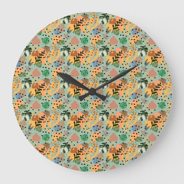 boho abstract tropical pattern -minimal leaf desig large clock (Front)