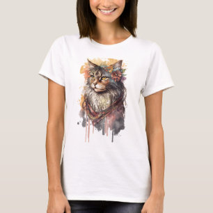 BOHO ABSTRACT WATERCOLOR CAT WITH FLOWERS T-Shirt