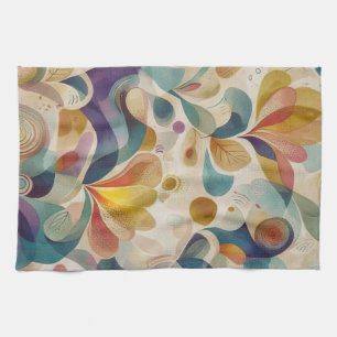 Boho Abstract Watercolor Floral Swirl Gold Teal Tea Towel