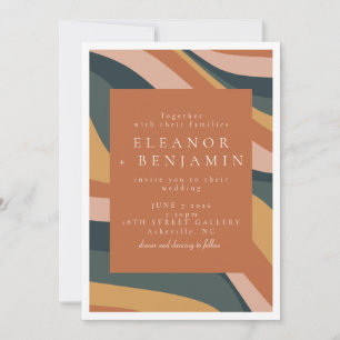 Boho Abstract Wavy Lines Terracotta Green Wedding  Invitation
