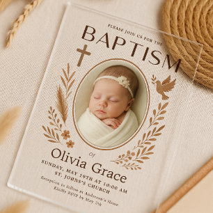 Boho Acrylic Baptism Invitation with Photo and Dov