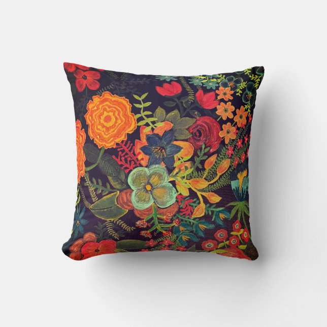 Boho Acrylic Painting Floral Design Cushion (Front)