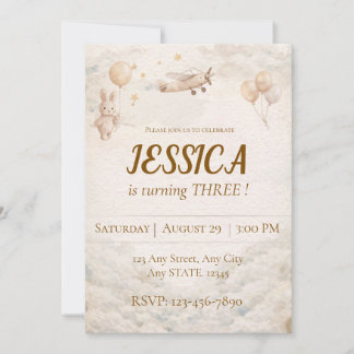 Boho Aeroplane Bunny Birthday Invitation Any Age