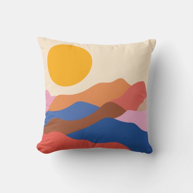 Boho Aesthetic Abstract Landscape Mountains Blue Cushion (Front)