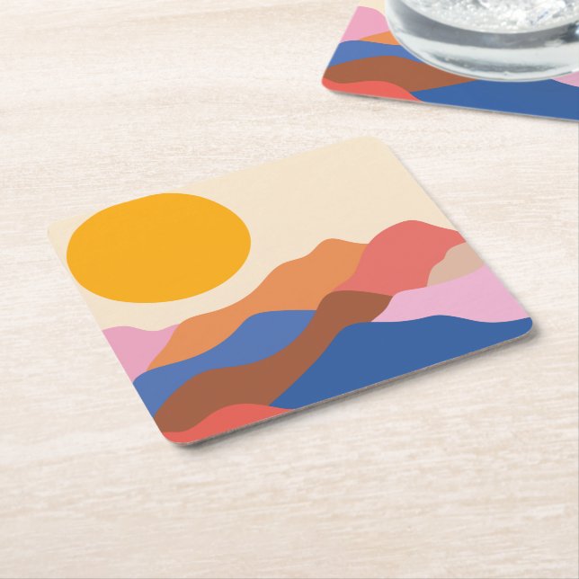 Boho Aesthetic Abstract Landscape Mountains Blue  Square Paper Coaster (Angled)