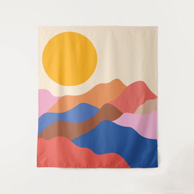 Boho Aesthetic Abstract Landscape Mountains Blue   Tapestry (Front)