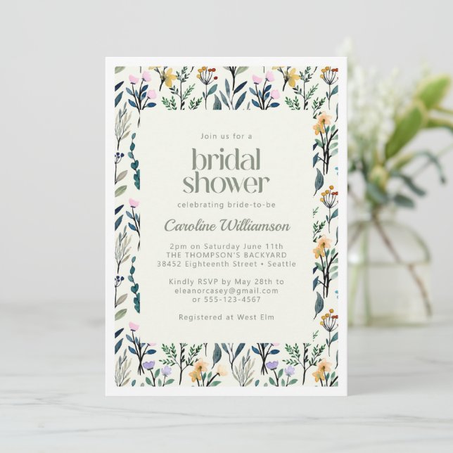 Boho Aesthetic Watercolor Wildflower Bridal Shower Invitation (Standing Front)