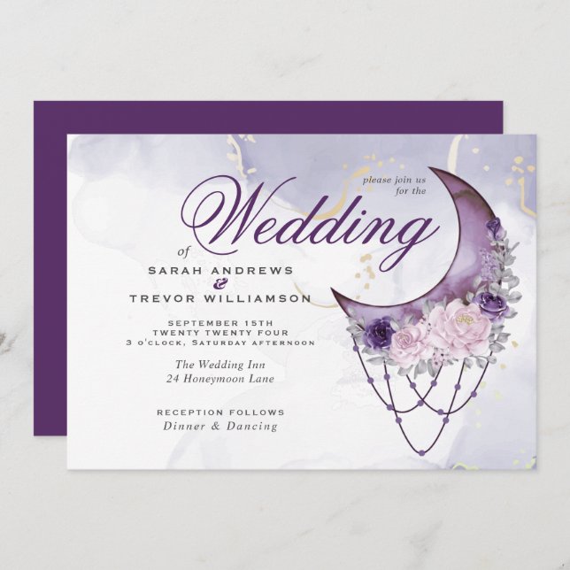 Boho All in One Wedding Amethyst Crescent Moon  Invitation (Front/Back)