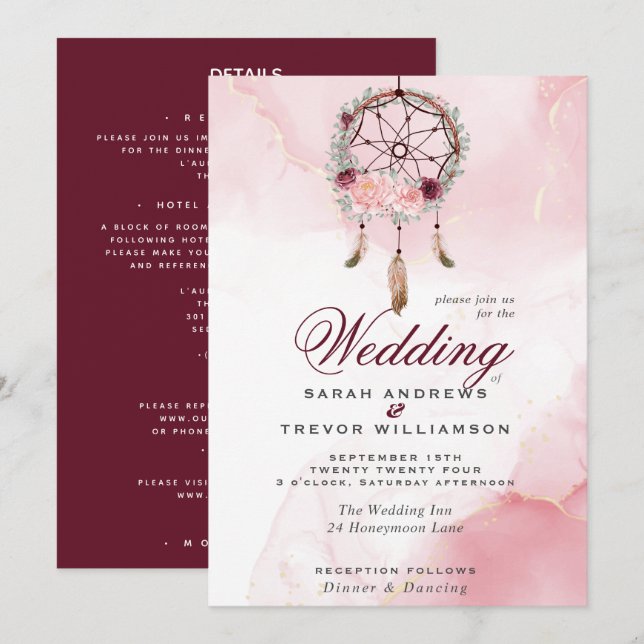 Boho All in One Wedding Pink Maroon Dream Catcher Invitation (Front/Back)