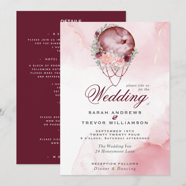 Boho All in One Wedding Pink Maroon Moon Invitatio Invitation (Front/Back)