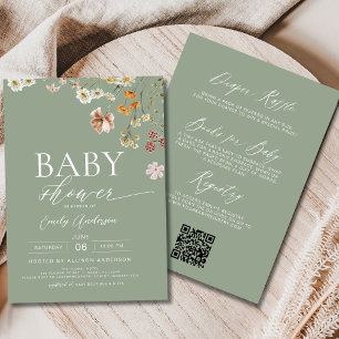 Boho All in One Wildflower Sage Green  Baby Shower Invitation