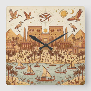 Boho Ancient Egyptian City Illustration-Terracotta Square Wall Clock