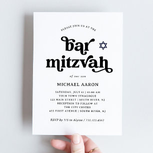 Boho and Retro Black and White Bar Mitzvah Invitation