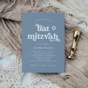 Boho and Retro Dusty Blue   Bat Mitzvah Invitation
