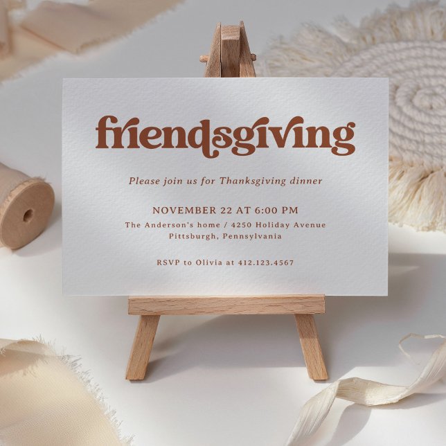Boho and Retro | Friendsgiving Dinner Invitation (A retro, boho Friendsgiving invitation with terracotta text on a simple white background)