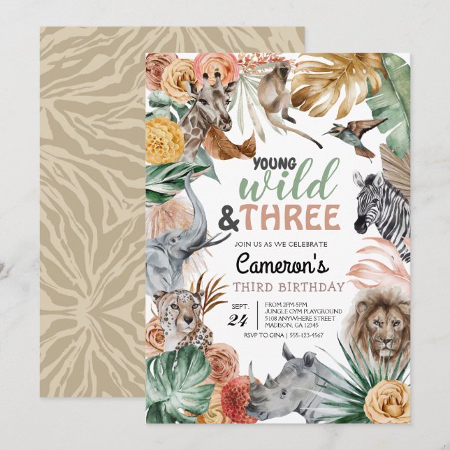 Boho Animal Safari Wild and Three Birthday Invitation (Front/Back)