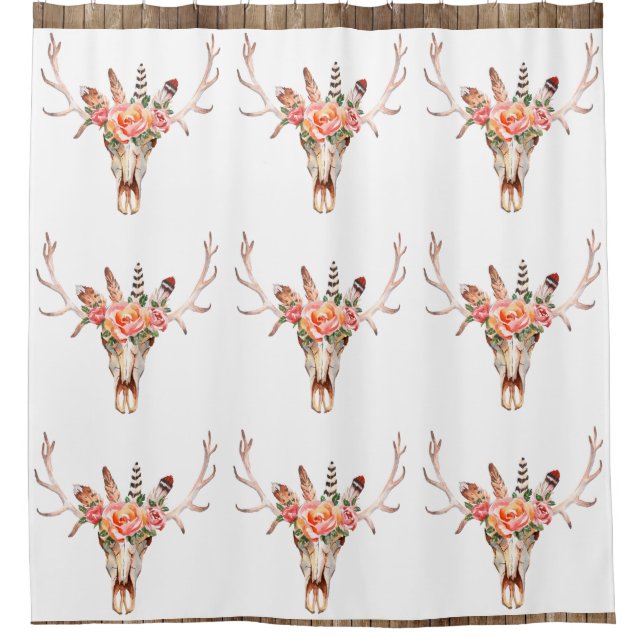 BoHo Animal Skull Watercolor Roses Bah Shower Curtain (Front)