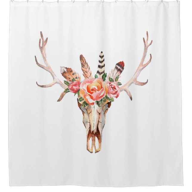 BoHo Animal Skull Watercolor Roses Bah Shower Shower Curtain (Front)