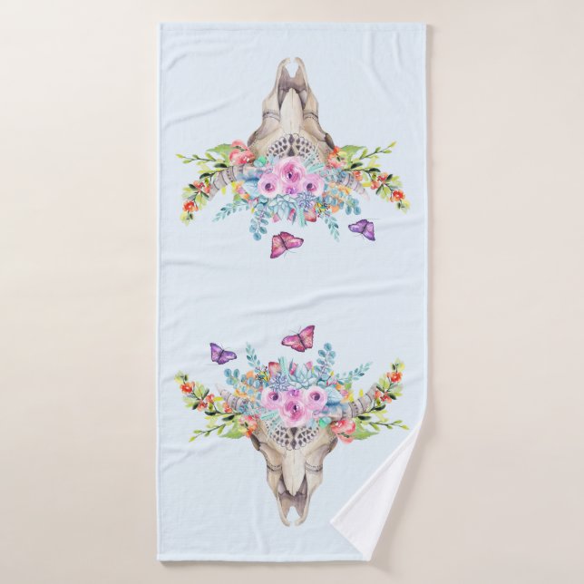 Boho Animal Skull with Butterflies and Flowers Bath Towel Set (Bath Towel)