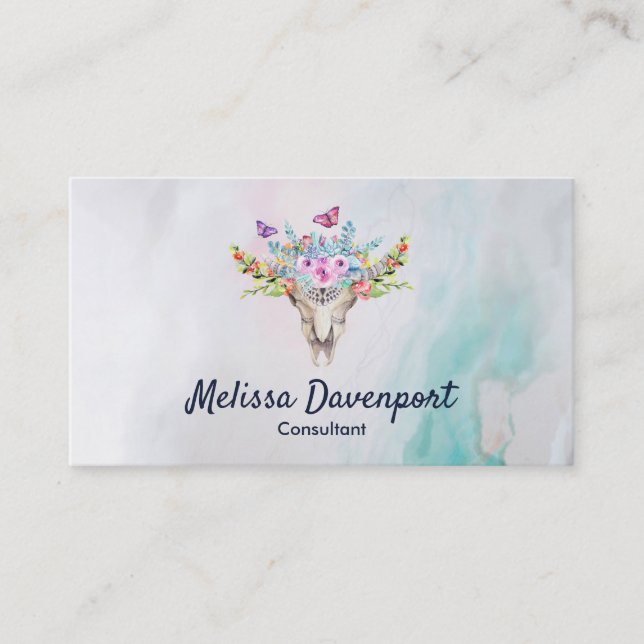 Boho Animal Skull with Butterflies and Flowers Business Card (Front)