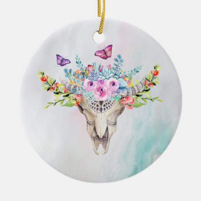 Boho Animal Skull with Butterflies and Flowers Ceramic Tree Decoration (Front)