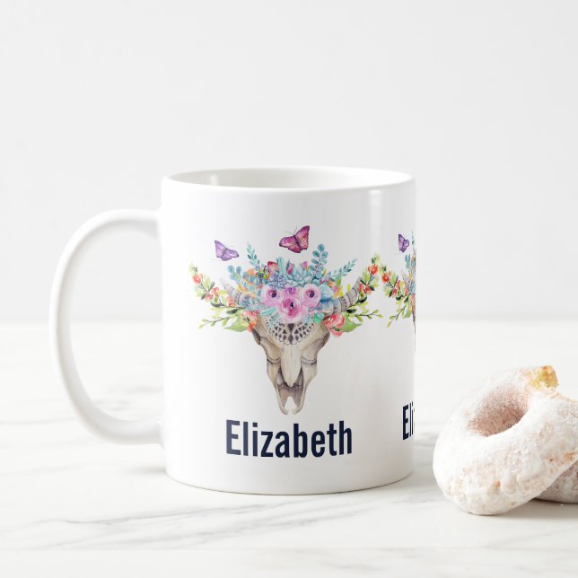 Boho Animal Skull with Butterflies and Flowers Coffee Mug (With Donut)
