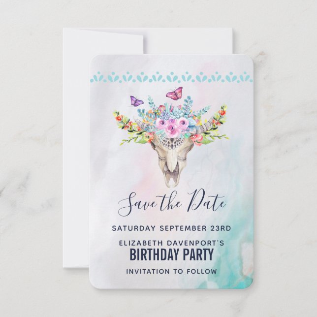 Boho Animal Skull with Butterflies and Flowers Invitation (Front)