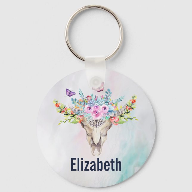 Boho Animal Skull with Butterflies and Flowers Key Ring (Front)