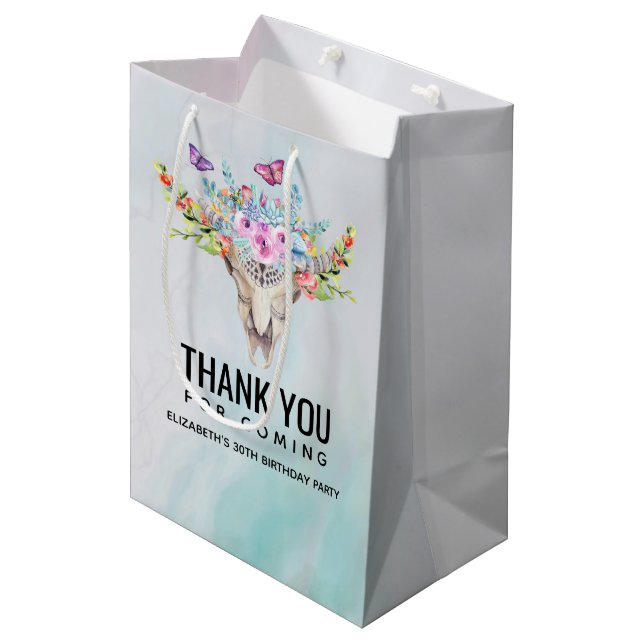 Boho Animal Skull with Butterflies and Flowers Medium Gift Bag (Front Angled)