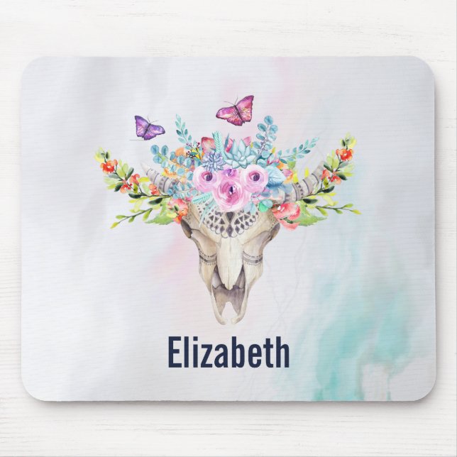 Boho Animal Skull with Butterflies and Flowers Mouse Mat (Front)